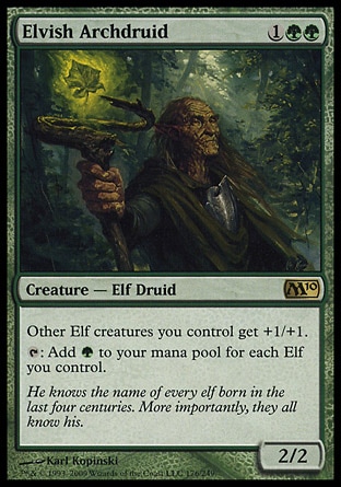 Elvish Archdruid (3, 1GG) 2/2
Creature  — Elf Druid
Other Elf creatures you control get +1/+1.<br />
{T}: Add {G} to your mana pool for each Elf you control.
Magic 2010: Rare

