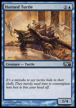 Horned Turtle (3, 2U) 1/4\nCreature  — Turtle\n\nMagic 2010: Common, Ninth Edition: Common, Eighth Edition: Common, Seventh Edition: Common, Classic (Sixth Edition): Common, Tempest: Common, Portal: Common\n\n