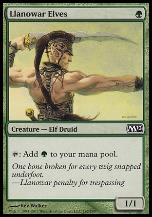 Llanowar Elves (1, G) 1/1\nCreature  — Elf Druid\n{T}: Add {G} to your mana pool.\nMagic 2012: Common, Magic 2011: Common, Magic 2010: Common, Duel Decks: Elves vs. Goblins: Common, Tenth Edition: Common, Ninth Edition: Common, Seventh Edition: Common, Beatdown: Common, Starter 2000: Common, Battle Royale: Common, Classic (Sixth Edition): Common, Fifth Edition: Common, Fourth Edition: Common, Revised Edition: Common, Unlimited Edition: Common, Limited Edition Beta: Common, Limited Edition Alpha: Common\n\n