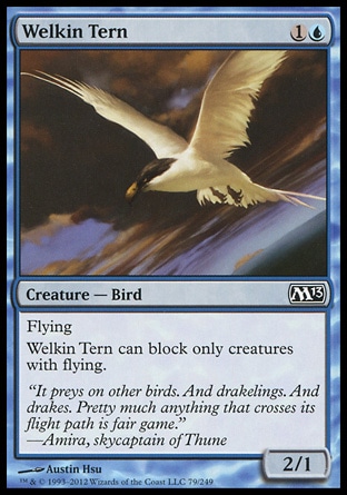 Welkin Tern (2, 1U) 2/1\nCreature  — Bird\nFlying<br />\nWelkin Tern can block only creatures with flying.\nMagic 2013: Common, Zendikar: Common\n\n