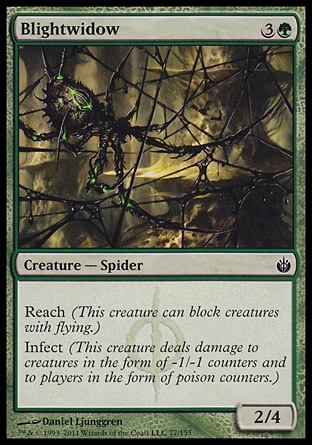 Blightwidow (4, 3G) 2/4\nCreature  — Spider\nReach (This creature can block creatures with flying.)<br />\nInfect (This creature deals damage to creatures in the form of -1/-1 counters and to players in the form of poison counters.)\nMirrodin Besieged: Common\n\n