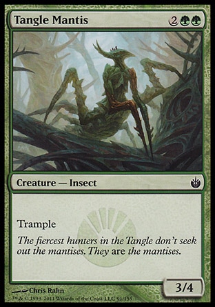 Tangle Mantis (4, 2GG) 3/4\nCreature  — Insect\nTrample\nMirrodin Besieged: Common\n\n