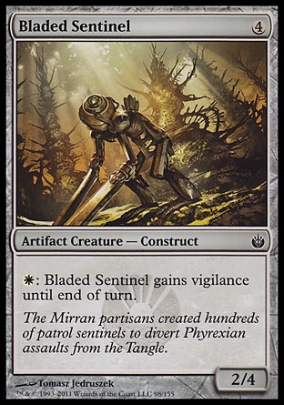 Bladed Sentinel (4, 4) 2/4\nArtifact Creature  — Construct\n{W}: Bladed Sentinel gains vigilance until end of turn.\nMirrodin Besieged: Common\n\n