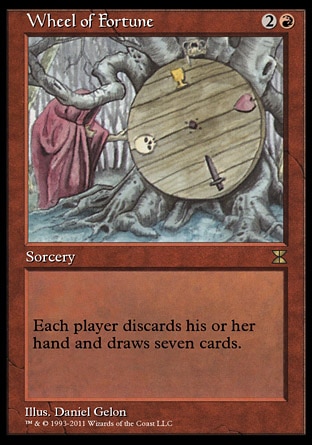 Wheel of Fortune (3, 2R) 0/0\nSorcery\nEach player discards his or her hand and draws seven cards.\nMasters Edition IV: Rare, Revised Edition: Rare, Unlimited Edition: Rare, Limited Edition Beta: Rare, Limited Edition Alpha: Rare\n\n