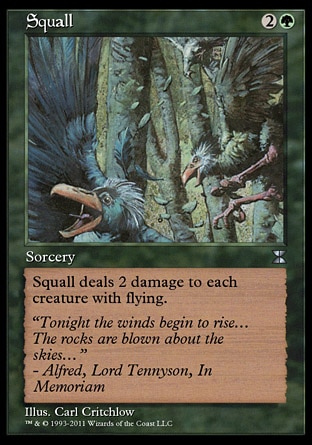 Squall (3, 2G) 0/0\nSorcery\nSquall deals 2 damage to each creature with flying.\nMasters Edition IV: Uncommon, Seventh Edition: Common, Mercadian Masques: Common, Starter 1999: Common\n\n