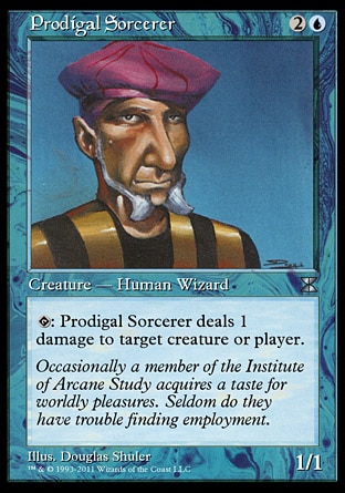 Prodigal Sorcerer (3, 2U) 1/1\nCreature  — Human Wizard\n{T}: Prodigal Sorcerer deals 1 damage to target creature or player.\nMasters Edition IV: Uncommon, Time Spiral "Timeshifted": Special, Seventh Edition: Common, Starter 2000: Common, Battle Royale: Common, Classic (Sixth Edition): Common, Fifth Edition: Common, Fourth Edition: Common, Revised Edition: Common, Unlimited Edition: Common, Limited Edition Beta: Common, Limited Edition Alpha: Common\n\n