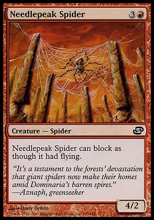Needlepeak Spider (4, 3R) 4/2\nCreature  — Spider\nReach (This creature can block creatures with flying.)\nPlanar Chaos: Common\n\n
