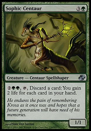 Sophic Centaur (4, 3G) 1/1\nCreature  — Centaur Spellshaper\n{2}{G}{G}, {T}, Discard a card: You gain 2 life for each card in your hand.\nPlanar Chaos: Uncommon\n\n