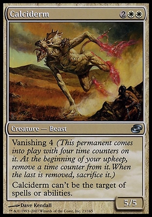 Calciderm (4, 2WW) 5/5\nCreature  — Beast\nShroud (This permanent can't be the target of spells or abilities.)<br />\nVanishing 4 (This permanent enters the battlefield with four time counters on it. At the beginning of your upkeep, remove a time counter from it. When the last is removed, sacrifice it.)\nPlanar Chaos: Uncommon\n\n