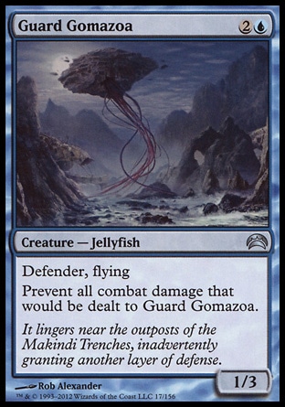 Guard Gomazoa (3, 2U) 1/3\nCreature  — Jellyfish\nDefender, flying<br />\nPrevent all combat damage that would be dealt to Guard Gomazoa.\nPlanechase 2012 Edition: Uncommon, Commander: Uncommon, Rise of the Eldrazi: Uncommon\n\n