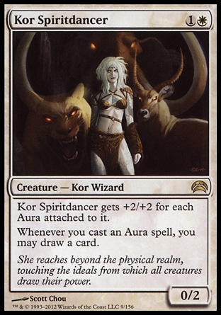 Kor Spiritdancer (2, 1W) 0/2\nCreature  — Kor Wizard\nKor Spiritdancer gets +2/+2 for each Aura attached to it.<br />\nWhenever you cast an Aura spell, you may draw a card.\nPlanechase 2012 Edition: Rare, Rise of the Eldrazi: Rare\n\n