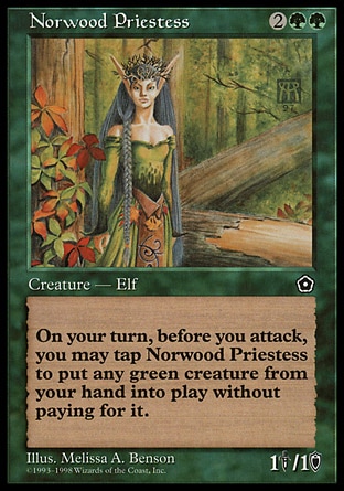 Norwood Priestess (4, 2GG) 1/1
Creature  — Elf Druid
{T}: You may put a green creature card from your hand onto the battlefield. Activate this ability only during your turn, before attackers are declared.
Portal Second Age: Rare

