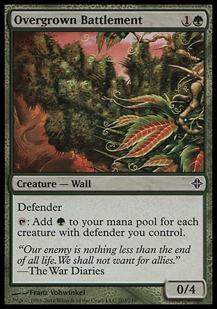 Overgrown Battlement (2, 1G) 0/4\nCreature  — Wall\nDefender<br />\n{T}: Add {G} to your mana pool for each creature with defender you control.\nRise of the Eldrazi: Common\n\n