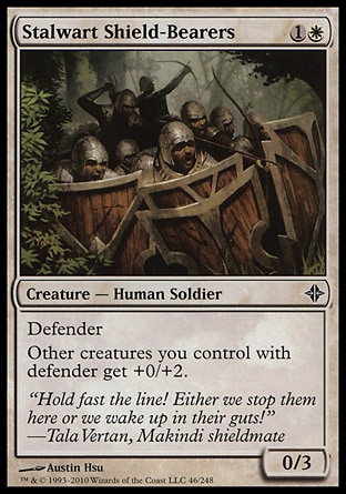Stalwart Shield-Bearers (2, 1W) 0/3\nCreature  — Human Soldier\nDefender<br />\nOther creatures you control with defender get +0/+2.\nRise of the Eldrazi: Common\n\n