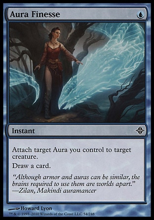 Aura Finesse (1, U) 0/0\nInstant\nAttach target Aura you control to target creature.<br />\nDraw a card.\nRise of the Eldrazi: Common\n\n