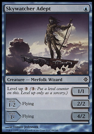 Skywatcher Adept (1, U) 1/1\nCreature  — Merfolk Wizard\nLevel up {3} ({3}: Put a level counter on this. Level up only as a sorcery.)<br />\nLEVEL 1-2<br />\n2/2<br />\nFlying<br />\nLEVEL 3+<br />\n4/2<br />\nFlying\nRise of the Eldrazi: Common\n\n