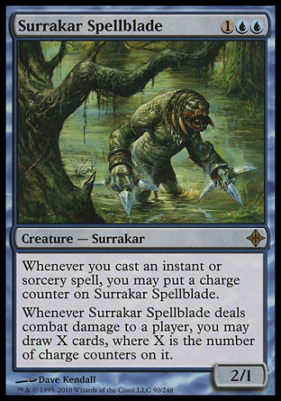 Surrakar Spellblade (3, 1UU) 2/1\nCreature  — Surrakar\nWhenever you cast an instant or sorcery spell, you may put a charge counter on Surrakar Spellblade.<br />\nWhenever Surrakar Spellblade deals combat damage to a player, you may draw X cards, where X is the number of charge counters on it.\nRise of the Eldrazi: Rare\n\n