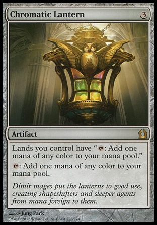 Chromatic Lantern (3, 3) \nArtifact\nLands you control have "{T}: Add one mana of any color to your mana pool."<br />\n{T}: Add one mana of any color to your mana pool.\nReturn to Ravnica: Rare\n\n