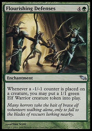 Flourishing Defenses (5, 4G) 0/0\nEnchantment\nWhenever a -1/-1 counter is placed on a creature, you may put a 1/1 green Elf Warrior creature token onto the battlefield.\nShadowmoor: Uncommon\n\n