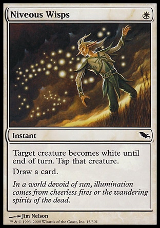 Niveous Wisps (1, W) 0/0\nInstant\nTarget creature becomes white until end of turn. Tap that creature.<br />\nDraw a card.\nShadowmoor: Common\n\n