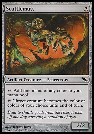 Scuttlemutt (3, 3) 2/2\nArtifact Creature  — Scarecrow\n{T}: Add one mana of any color to your mana pool.<br />\n{T}: Target creature becomes the color or colors of your choice until end of turn.\nShadowmoor: Common\n\n
