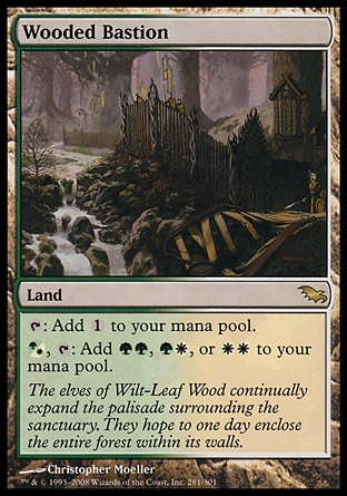 Wooded Bastion (0, ) 0/0
Land
{T}: Add {1} to your mana pool.<br />
{(g/w)}, {T}: Add {G}{G}, {G}{W}, or {W}{W} to your mana pool.
Shadowmoor: Rare

