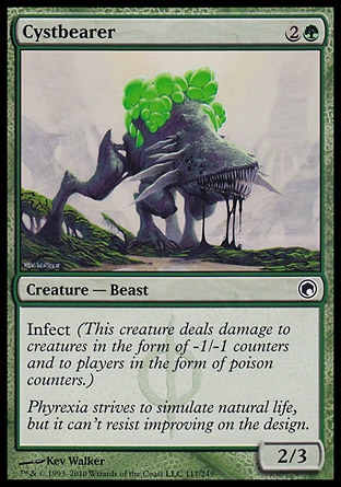Cystbearer (3, 2G) 2/3
Creature  — Beast
Infect (This creature deals damage to creatures in the form of -1/-1 counters and to players in the form of poison counters.)
Scars of Mirrodin: Common

