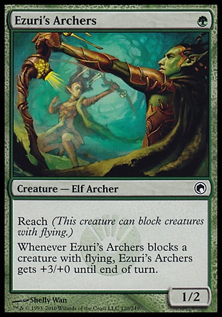 Ezuri's Archers (1, G) 1/2\nCreature  — Elf Archer\nReach (This creature can block creatures with flying.)<br />\nWhenever Ezuri's Archers blocks a creature with flying, Ezuri's Archers gets +3/+0 until end of turn.\nScars of Mirrodin: Common\n\n
