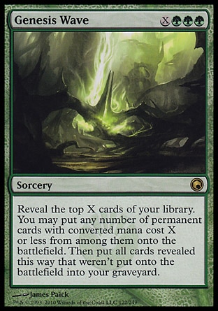 Genesis Wave (4, XGGG) 0/0\nSorcery\nReveal the top X cards of your library. You may put any number of permanent cards with converted mana cost X or less from among them onto the battlefield. Then put all cards revealed this way that weren't put onto the battlefield into your graveyard.\nScars of Mirrodin: Rare\n\n