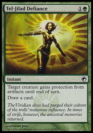 Tel-Jilad Defiance (2, 1G) 0/0\nInstant\nTarget creature gains protection from artifacts until end of turn.<br />\nDraw a card.\nScars of Mirrodin: Common\n\n