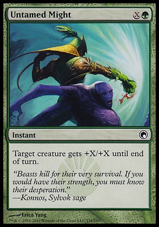 Untamed Might (2, XG) 0/0\nInstant\nTarget creature gets +X/+X until end of turn.\nScars of Mirrodin: Common\n\n
