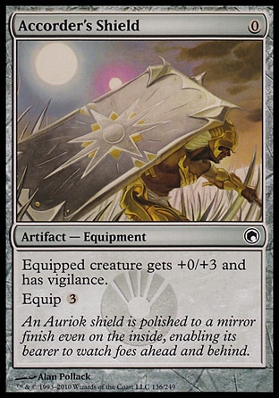 Accorder's Shield (0, 0) 0/0\nArtifact  — Equipment\nEquipped creature gets +0/+3 and has vigilance.<br />\nEquip {3}\nScars of Mirrodin: Common\n\n