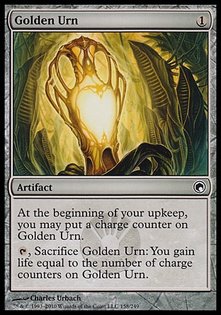 Golden Urn (1, 1) 0/0\nArtifact\nAt the beginning of your upkeep, you may put a charge counter on Golden Urn.<br />\n{T}, Sacrifice Golden Urn: You gain life equal to the number of charge counters on Golden Urn.\nScars of Mirrodin: Common\n\n