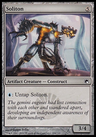 Soliton (5, 5) 3/4\nArtifact Creature  — Construct\n{U}: Untap Soliton.\nScars of Mirrodin: Common\n\n