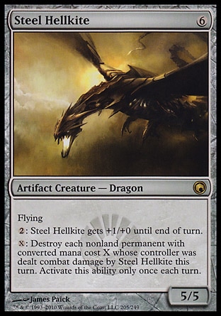 Steel Hellkite (6, 6) 5/5\nArtifact Creature  — Dragon\nFlying<br />\n{2}: Steel Hellkite gets +1/+0 until end of turn.<br />\n{X}: Destroy each nonland permanent with converted mana cost X whose controller was dealt combat damage by Steel Hellkite this turn. Activate this ability only once each turn.\nScars of Mirrodin: Rare\n\n