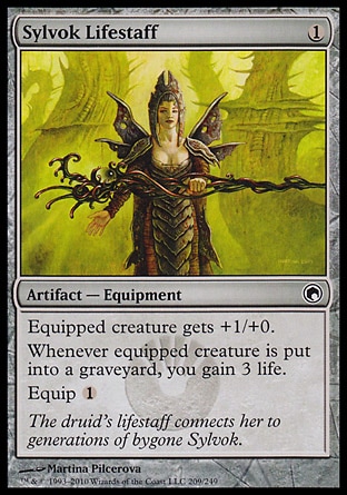 Sylvok Lifestaff (1, 1) 0/0\nArtifact  — Equipment\nEquipped creature gets +1/+0.<br />\nWhenever equipped creature dies, you gain 3 life.<br />\nEquip {1}\nScars of Mirrodin: Common\n\n