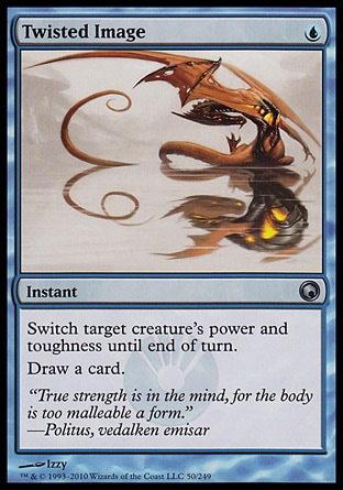 Twisted Image (1, U) 0/0
Instant
Switch target creature's power and toughness until end of turn.<br />
Draw a card.
Scars of Mirrodin: Uncommon

