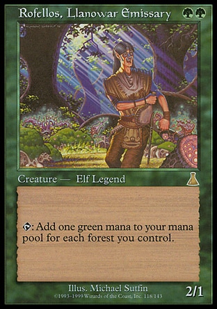 Rofellos, Llanowar Emissary (2, GG) 2/1
Legendary Creature  — Elf Druid
{T}: Add {G} to your mana pool for each Forest you control.
Urza's Destiny: Rare

