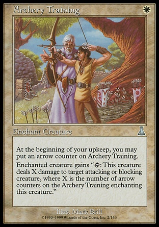 Archery Training (1, W) 0/0\nEnchantment  — Aura\nEnchant creature<br />\nAt the beginning of your upkeep, you may put an arrow counter on Archery Training.<br />\nEnchanted creature has "{T}: This creature deals X damage to target attacking or blocking creature, where X is the number of arrow counters on Archery Training."\nUrza's Destiny: Uncommon\n\n