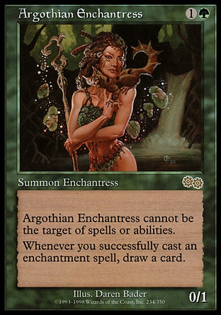 Argothian Enchantress (2, 1G) 0/1
Creature  — Human Druid
Shroud (This permanent can't be the target of spells or abilities.)<br />
Whenever you cast an enchantment spell, draw a card.
Urza's Saga: Rare

