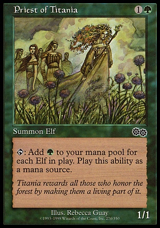 Priest of Titania (2, 1G) 1/1
Creature  — Elf Druid
{T}: Add {G} to your mana pool for each Elf on the battlefield.
Urza's Saga: Common

