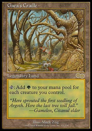 Gaea's Cradle (0, ) 0/0
Legendary Land
{T}: Add {G} to your mana pool for each creature you control.
Urza's Saga: Rare

