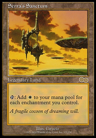 Serra's Sanctum (0, ) 0/0
Legendary Land
{T}: Add {W} to your mana pool for each enchantment you control.
Urza's Saga: Rare

