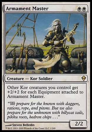 Armament Master (2, WW) 2/2\nCreature  — Kor Soldier\nOther Kor creatures you control get +2/+2 for each Equipment attached to Armament Master.\nZendikar: Rare\n\n