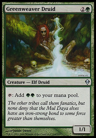 Greenweaver Druid (3, 2G) 1/1\nCreature  — Elf Druid\n{T}: Add {G}{G} to your mana pool.\nZendikar: Uncommon\n\n