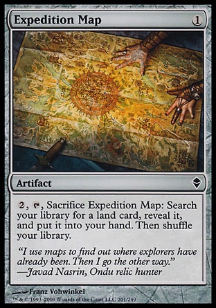 Expedition Map (1, 1) 0/0\nArtifact\n{2}, {T}, Sacrifice Expedition Map: Search your library for a land card, reveal it, and put it into your hand. Then shuffle your library.\nZendikar: Common\n\n
