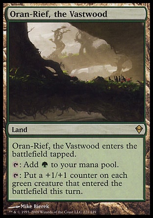 Oran-Rief, the Vastwood (0, ) 0/0\nLand\nOran-Rief, the Vastwood enters the battlefield tapped.<br />\n{T}: Add {G} to your mana pool.<br />\n{T}: Put a +1/+1 counter on each green creature that entered the battlefield this turn.\nZendikar: Rare\n\n